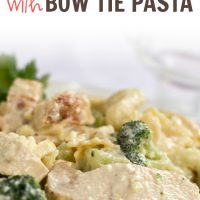 Diced chicken and broccoli covered in a cream sauce with text Chicken and Feta with Bow Tie Pasta - Add Salt & Serve logo