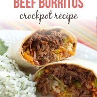 A beef burrito cut in half on a white plate with rice with text Seasoned Beef Burritos Crockpot Recipe - Add Salt & Serve