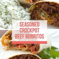 A beef burrito cut in half on a white plate with rice
