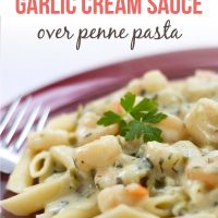 Penne pasta topped with shrimp and a garlic cream sauce on a red plate with a fork with text Shrimp With Garlic Cream Sauce Over Penne Pasta - Add Salt & Serve logo