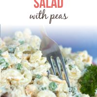 Tuna salad with pasta and peas on a red plate with a fork, garnished with parsley with text Tuna Pasta Salad With Peas - Add Salt & Serve logo