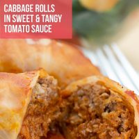 Closeup of cabbage rolls in a tomato sauce on a white plate with a fork. Bowl of salad in the background. Text is Cabbage Rolls in Sweet & Tangy Tomato Sauce - Add Salt & Serve logo