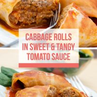 Composite image: Top is closeup of cabbage rolls in a tomato sauce on a white plate with a fork. Bottom is cabbage rolls in a tomato sauce on a white plate with a fork. Text is Cabbage Rolls in Sweet & Tangy Tomato Sauce - Add Salt & Serve logo