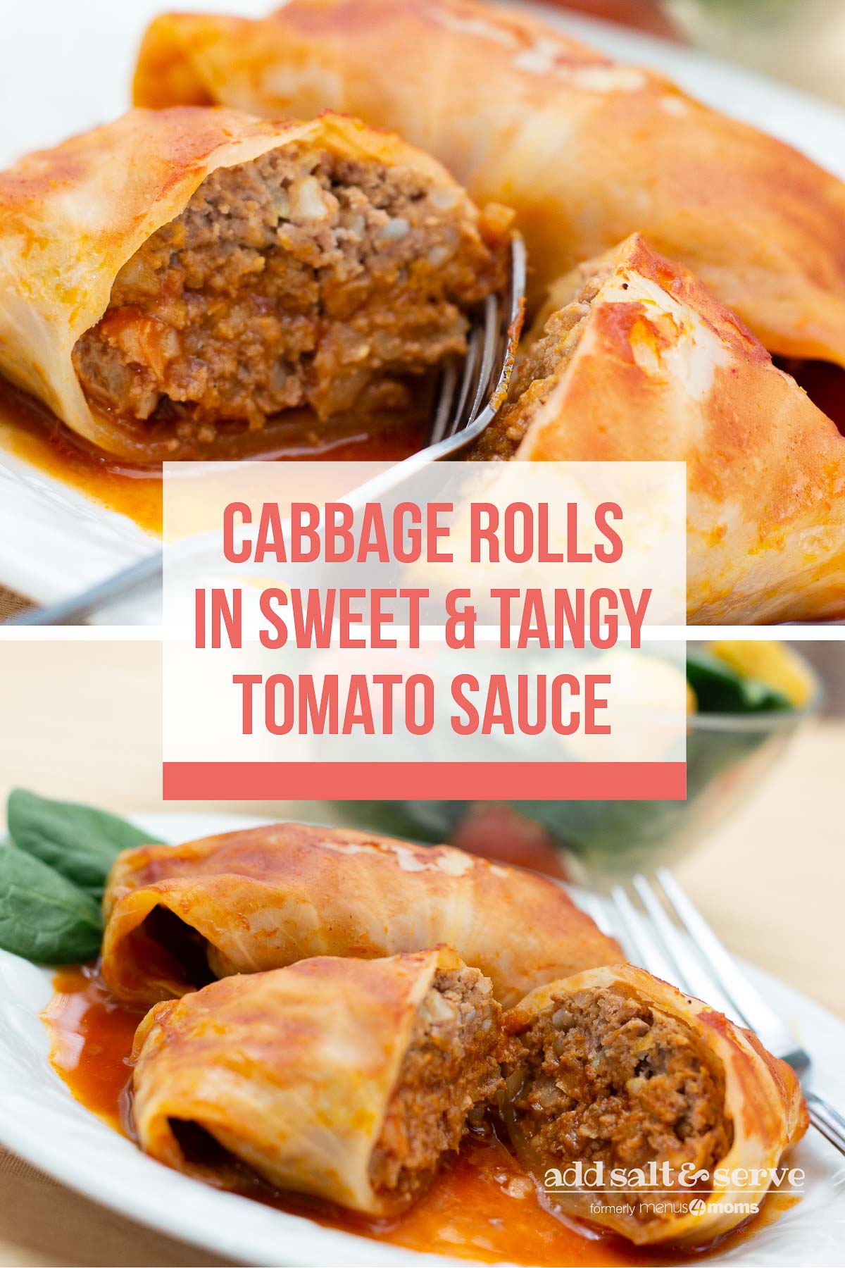 Composite image: Top is closeup of cabbage rolls in a tomato sauce on a white plate with a fork. Bottom is cabbage rolls in a tomato sauce on a white plate with a fork. Text is Cabbage Rolls in Sweet & Tangy Tomato Sauce - Add Salt & Serve logo