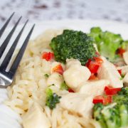 A plate with Creamy Chicken and Broccoli Ramen and a fork.