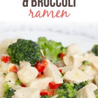 Closeup of Creamy Chicken and Broccoli Ramen with text Creamy Chicken & Broccoli Ramen - Add Salt & Serve logo