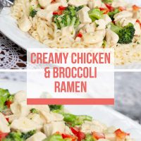 Composite image: Top is A plate with Creamy Chicken and Broccoli Ramen and a fork. Bottom is a closeup of Creamy Chicken and Broccoli Ramen. Text is Creamy Chicken & Broccoli Ramen - Add Salt & Serve logo