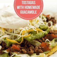 A plate with beef tostadas made with guacamole, shredded cheese, and sour cream. Text is Easy Beef Tostados with Homemade Guacamole - Add Salt & Serve logo