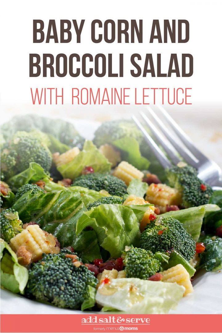 Baby Corn Salad with Broccoli on a plate with a fork.Text is Baby Corn and Broccoli Salad with Romaine Lettuce - Add Salt & Serve logo