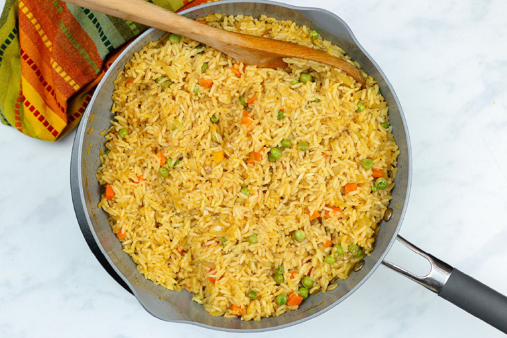 Restaurant Style Mexican Rice in a skillet