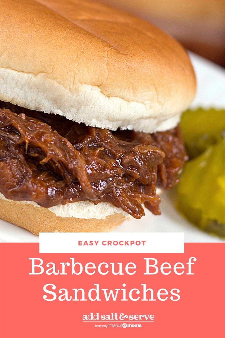 Barbecue Roast Beef Sandwich garnished with two pickle slices.