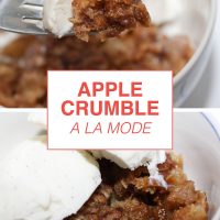 A fork picking up a bite of Apple Crumble topped with ice cream.