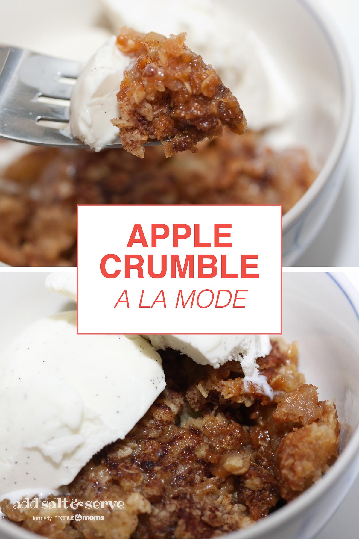 A fork picking up a bite of Apple Crumble topped with ice cream.