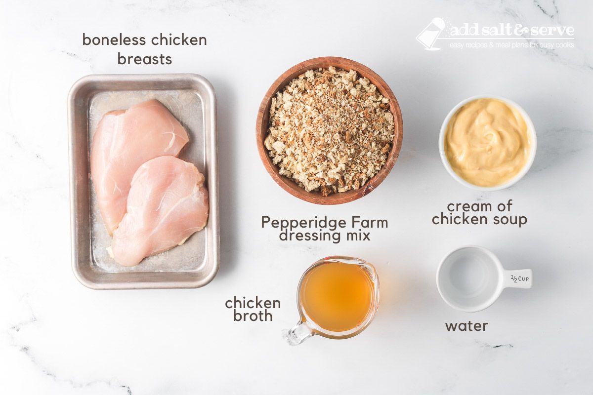 Ingredients for Crockpot Chicken and Stuffing: boneless chicken breasts, Pepperidge Farm dressing mix, chicken broth, cream of chicken soup, and water.