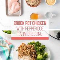 Composite image with text Crockpot Chicken with Pepperidge Farm Dressing; photo on top shows Ingredients for Crockpot Chicken and Stuffing ( boneless chicken breasts, Pepperidge Farm dressing mix, chicken broth, cream of chicken soup, and water) on top and photo on bottom shows a plate of Crockpot Chicken and Stuffing with broccoli on the side.