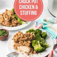 Two plates of Crockpot Chicken and Stuffing with broccoli on the side.
