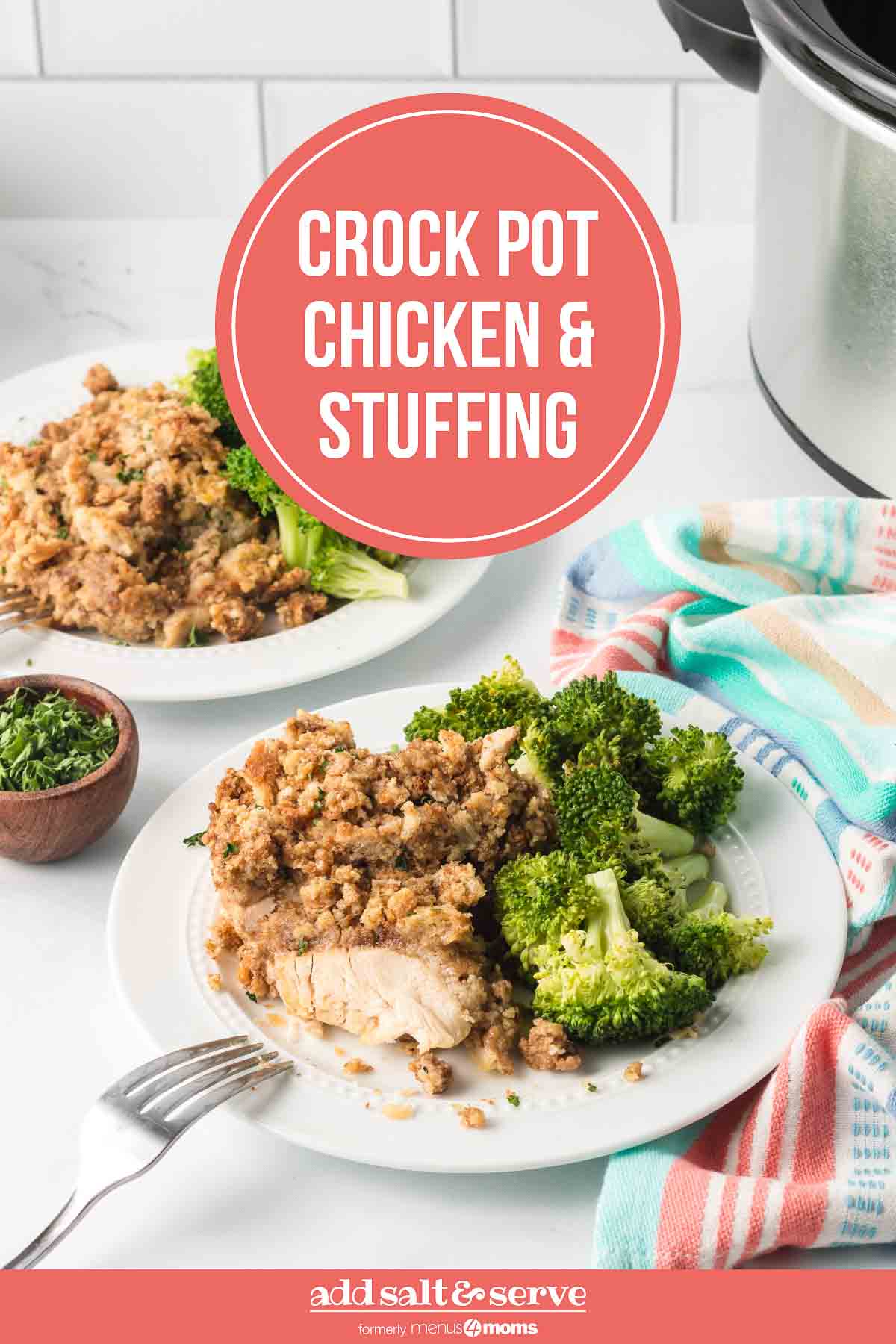 Two plates of Crockpot Chicken and Stuffing with broccoli on the side.