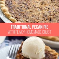 Homemade pecan pie topped with a scoop of vanilla ice cream