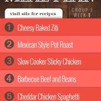 Free Meal Plan for Group 1: Week 1 - Cheesy Baked Ziti, Mexican Style Pot Roast, Slow Cooker Sticky Chicken, Barbecue Beef and Beans, Cheddar Chicken Spaghetti - Visit Add Salt & Serve for Recipes