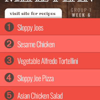 Free Meal Plan for Week 1 (Group 1): Sloppy Joes, Sesame Chicken, Vegetable Alfredo Tortellini, Sloppy Joe Pizza, Asian Chicken Salad - visit AddSaltAndServe.com for recipes