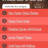 Meal Plan for Week 7 (Group 1): Slow Cooker Sticky Chicken, Savory Swiss Steak, Cheddary Spirals & Broccoli, Lemon Pepper Tilapia, Lentil Soup with Kielbasa - Visit Add Salt & Serve for recipes
