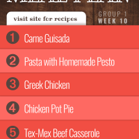 Meal Plan for Week 10 (Group 1): Carne Guisada, Pasta with Homemade Pesto, Crockpot Greek Chicken, Chicken Pot Pie, Tex-Mex Beef Casserole - Visit Add Salt & Serve for recipes
