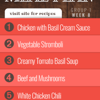 Meal Plan for Week 8 (Group 1): Chicken with Basil Cream Sauce, Vegetable Stromboli, Creamy Tomato Basil Soup, Slow Cooker Beef and Mushrooms, White Chicken Chili - visit Add Salt & Serve for recipes