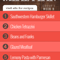Free Meal Plan for Week 9 (Group 1) - Southwestern Hamburger Skillet, Chicken Tetrazzini, Beans and Franks, Glazed Meatloaf, Quick Lemony Pasta with Parmesan.
