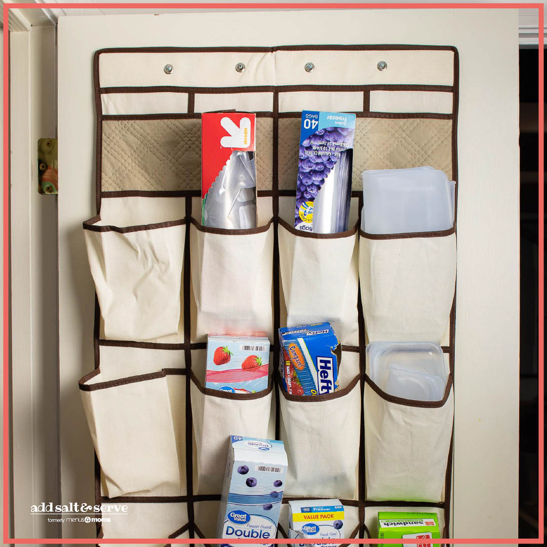 repurposed shoe organizer with food baggies in the pockets