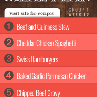 Free Meal Plan for Week 12 (Group 1): Beef and Guinness Stew over Mashed Potatoes, Cheddar Chicken Spaghetti, Swiss Hamburgers, Baked Garlic Parmesan Chicken, Chipped Beef Gravy and Buttermilk Biscuits - visit Add Salt & Serve for recipes