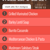 Free Meal Plan for Week 13 (Group 1): Grilled Marinated Chicken, Barley Lentil Soup, Burrito Casserole, Mediterranean Chicken and Pasta, Mushroom Salisbury Steak