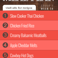 Free Meal Plan for Week 14 (Group 1): Slow Cooker Thai Chicken, Chicken Fried Rice, Creamy Balsamic Meatballs, Open-face Apple Cheddar Sandwiches, Cowboy Hot Dogs