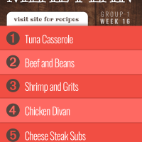 Free Meal Plan for Week 16 (Group 1): Tuna Casserole, Beef and Beans, Shrimp with Red Peppers and Grits, Chicken Divan, Cheese Steak Subs