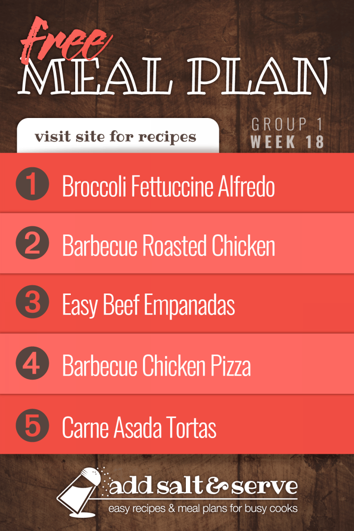 Meal Plan for Week 18 (Group 1) - Broccoli Fettuccine Alfredo, Barbecue Roasted Chicken, Easy Beef Empanadas, Barbecue Chicken Pizza, Carne Asada Tortas