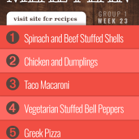 Free Meal Plan for Week 23 (Group 1): Stuffed Shells, Crockpot Chicken and Dumplings, Taco Macaroni, Stuffed Bell Peppers, Greek Pizza