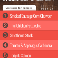 Free meal Plan for Week 24 (Group 1):Sausage Corn Chowder, Thai Chicken Fettuccine, Smothered Steak, Tomato Asparagus Carbonara, Teriyaki Salmon (visit Add Salt & Serve for Recipes)