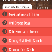 Free Meal Plan for Week 28 (group 1): Easy Mexican-style Crockpot Chicken, Chili Cheese Dogs, Cobb Salad, Creamy Cheese Ravioli with Summer Squash, Crockpot Cube Steak with Gravy