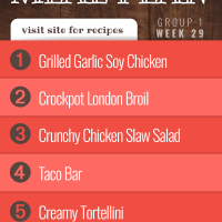 Meal Plan for Week 29 (Group 1): Grilled Chicken, Crockpot London Broil, Chicken Slaw Salad, Taco Bar, Creamy Tortellini