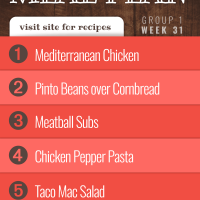 Free Meal Plan Week 31 (Group 1): Mediterranean Chicken, Pinto Beans over Cornbread, Meatball Subs, Chicken Pepper Pasta, Taco Mac Salad