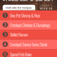 Free Meal Plan Week 36 (Group 1): Savory One-Pot Shrimp & Rice, Easy Crockpot Chicken & Dumplings, Skillet Ramen, Crockpot Savory Swiss Steak, Spiced Fish Bake