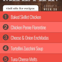 Meal Plan for Week 38 (Group 1): Baked Skillet Chicken, Three Cheese Chicken Penne Florentine, Cheese Enchiladas, Tortellini Zucchini Soup, Tuna Cheese Melts