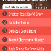 Meal Plan for Week 39 (Group 1): Easy Crockpot Roast Beef & Gravy, Santa Fe Chicken, Barbecue Beef and Beans, Toasted Cheeseburger Burritos, Apple Cheese Sunflower Melts