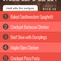 Meal Plan for Week 40 (Group 1): Baked Southwestern Spaghetti, Barbecue Chicken Dinner in the Crockpot, Beef Stew with Dumplings, Maple Dijon Chicken, Crockpot Pizza Pasta