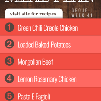 Meal Plan for Week 41 (Group 1): Creole Chicken over Rice, Loaded Baked Potatoes, Mongolian Beef over Rice, Lemon Rosemary Chicken, Pasta E Fagioli