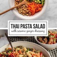 composite image where top shows separated ingredients (diced cucumber, diced red bell pepper, shredded carrots, whole cocktail peanuts, finely chopped fresh cilantro leaves, and steamed and shelled edamame) before adding the pasta, and bottom shows the completed Thai pasta salad in a bowl.