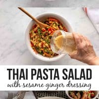 composite image where top shows separated ingredients (diced cucumber, diced red bell pepper, shredded carrots, whole cocktail peanuts, finely chopped fresh cilantro leaves, and steamed and shelled edamame) before adding the pasta, middle shows pouring sesame-ginger dressing over Thai pasta Salad and bottom shows the completed Thai pasta salad in a bowl.
