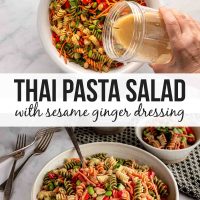 composite image where top shows pouring sesame-ginger dressing over Thai pasta Salad and bottom shows the completed Thai pasta salad in a bowl.