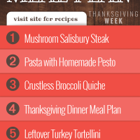 Free Meal Plan for Thanksgiving Week: Mushroom Salisbury Steak, Pasta with Homemade Pesto, Crustless Broccoli Quiche, Thanksgiving Dinner, Leftover Turkey Tortellini