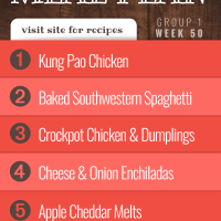 Free Weekly Meal Plan for Week 50 (Group 1): Kung Pao Chicken, Baked Southwestern Spaghetti, Easy Crockpot Chicken and Dumplings, Cheese and Onion Enchiladas, Apple Cheddar Melts