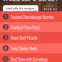 Free Meal Plan for Week 52 (Group 1): Toasted Cheeseburger Burritos, Crockpot Pizza Pasta, Roast Beef Picante (Christmas), Tuna Cheese Melts, Beef Stew with Dumplings